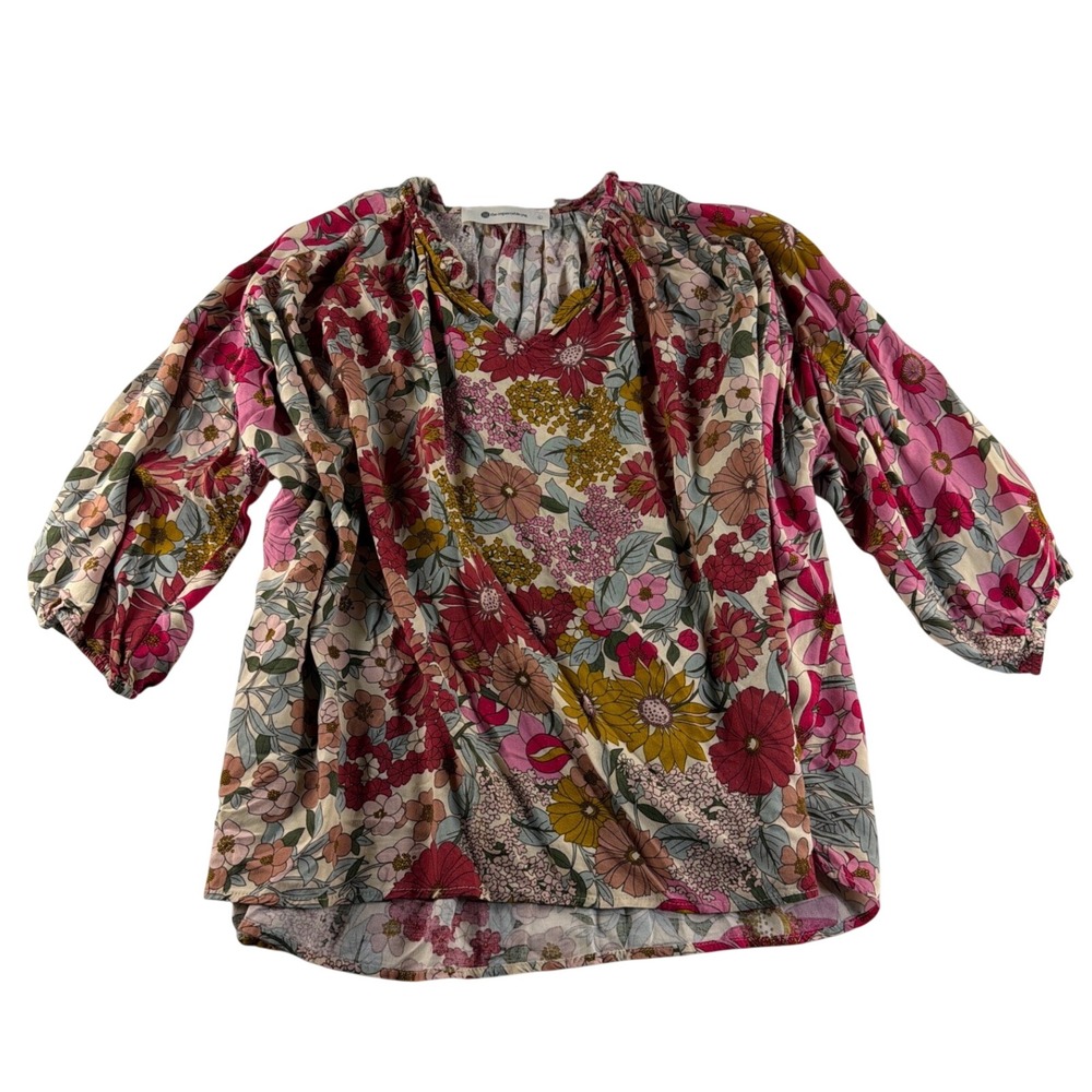 The Impeccable Pig Floral V-Neck Blouse Pink Red Mustard Rayon Top L T16804